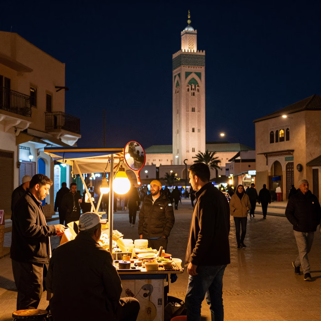 Casablanca Morocco Night Street Scene with Hand Mirror Reflection and Colorful Architecture in in Casablanca, Morocco