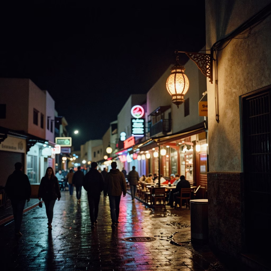 Casablanca Morocco Night Street Scene with Lantern and Urban Activity in in Casablanca, Morocco