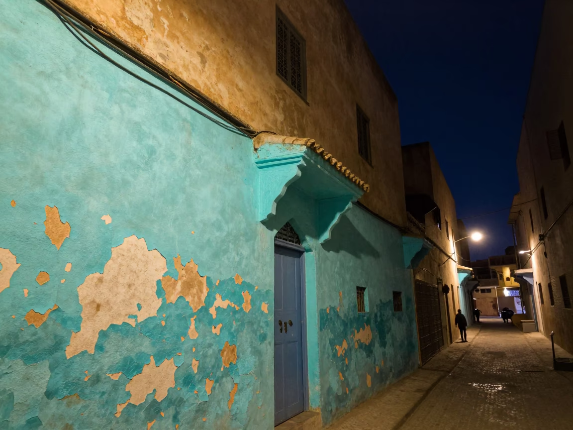 Casablanca Morocco Night Street Scene with Peeling Turquoise Paint and Urban Life in in Casablanca, Morocco