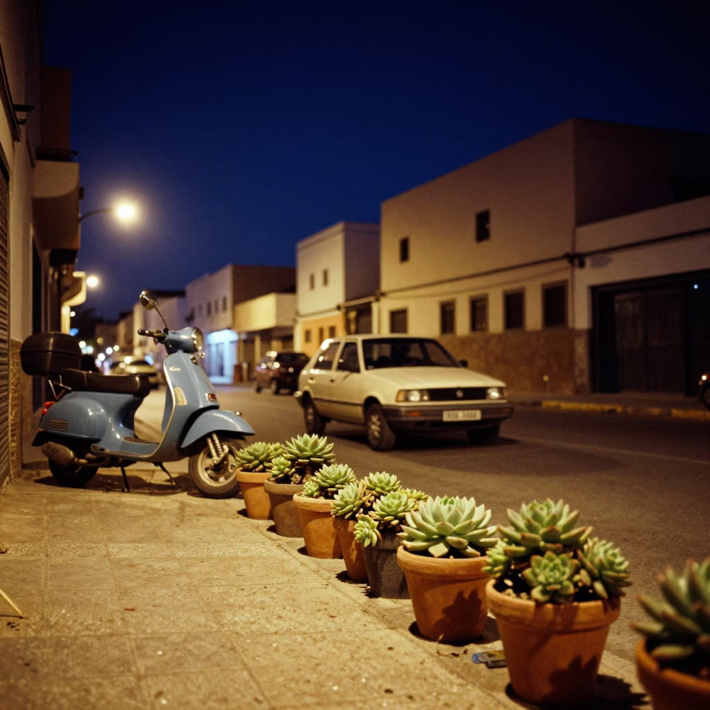 Casablanca Morocco Night Street Scene with Scooter and Succulents in in Casablanca, Morocco