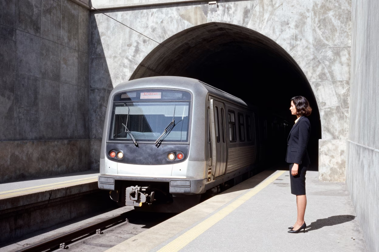 Casablanca Morocco Noon Light Metro Train Emerging Tunnel High Fashion Street Photography in in Casablanca, Morocco