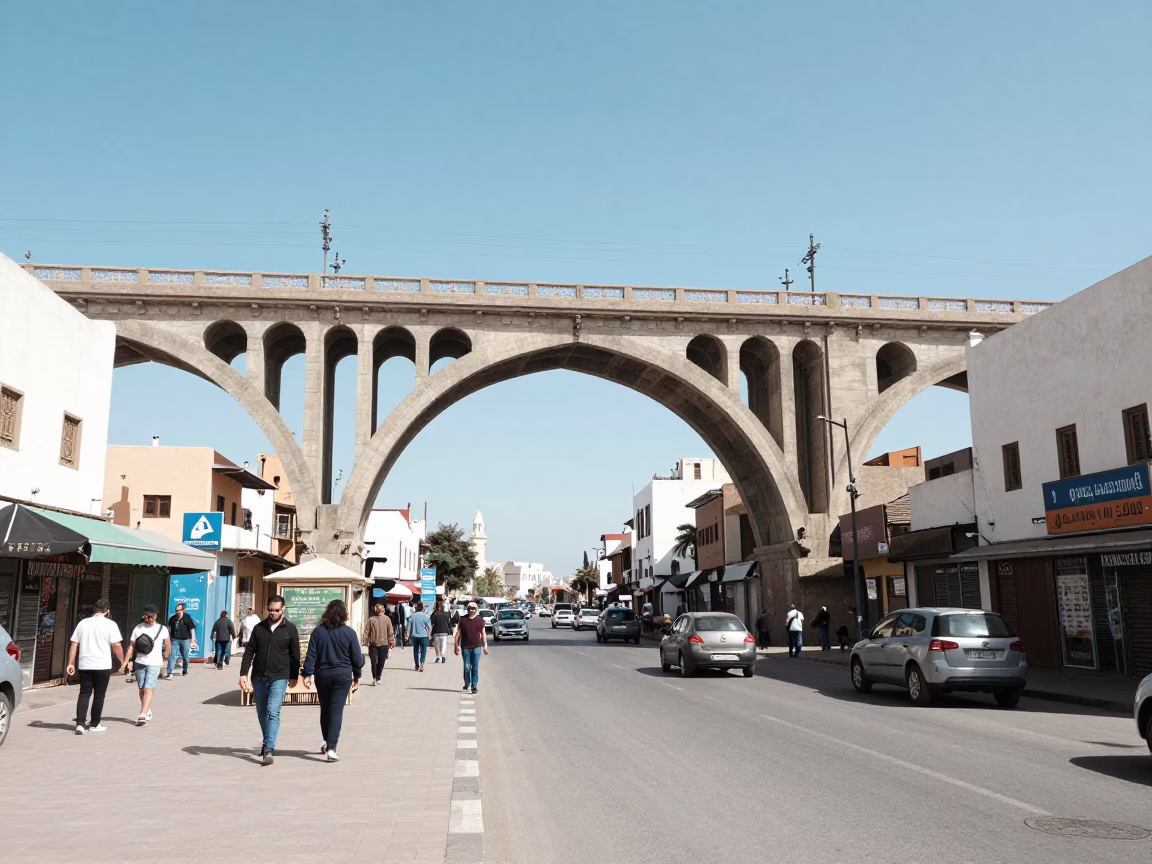 Casablanca Morocco Noon Light Railway Viaduct and Busy Street Scene with Terracotta Pot in in Casablanca, Morocco