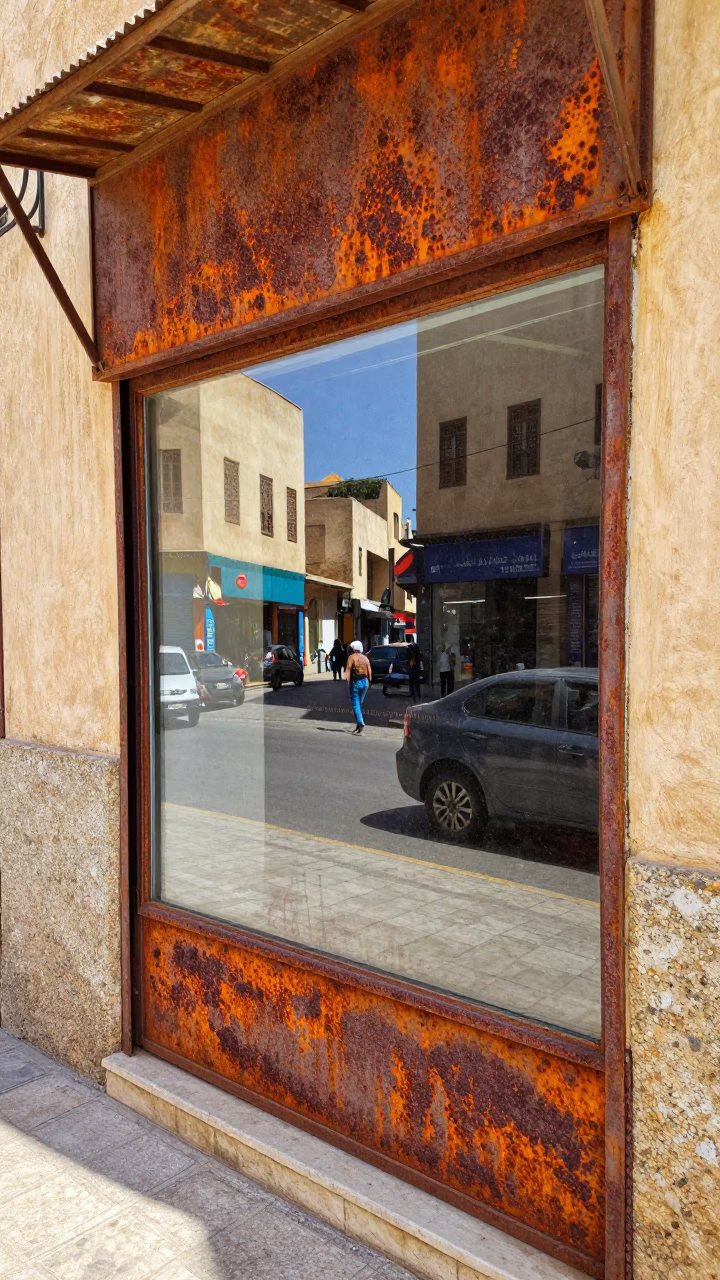 Casablanca Morocco Noon Street Scene Rusty Window Frame and Urban Life in in Casablanca, Morocco