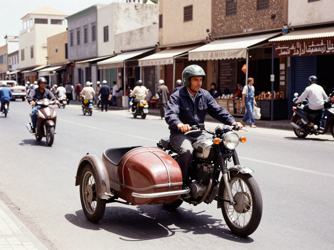 Casablanca Morocco Noon Street Scene Vintage Motorcycle and Local Commerce in in Casablanca, Morocco