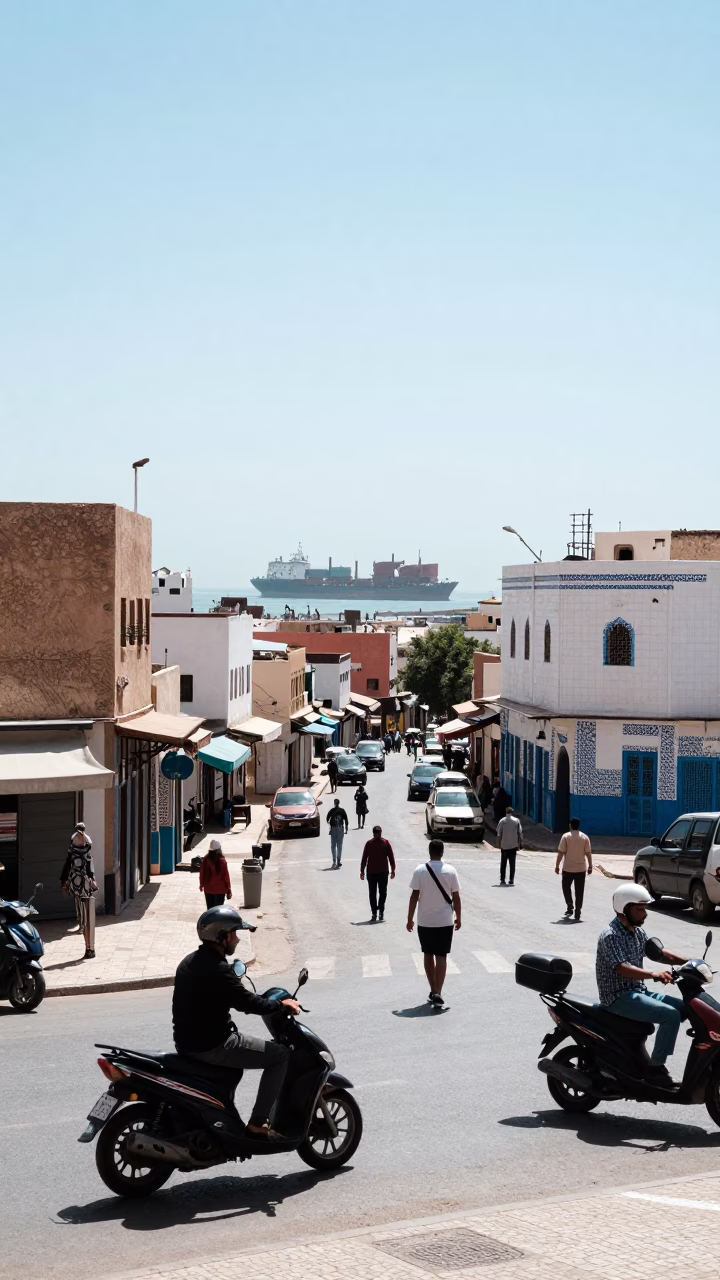 Casablanca Morocco Noon Street Scene with Cargo Ship Horizon and Local Life in in Casablanca, Morocco