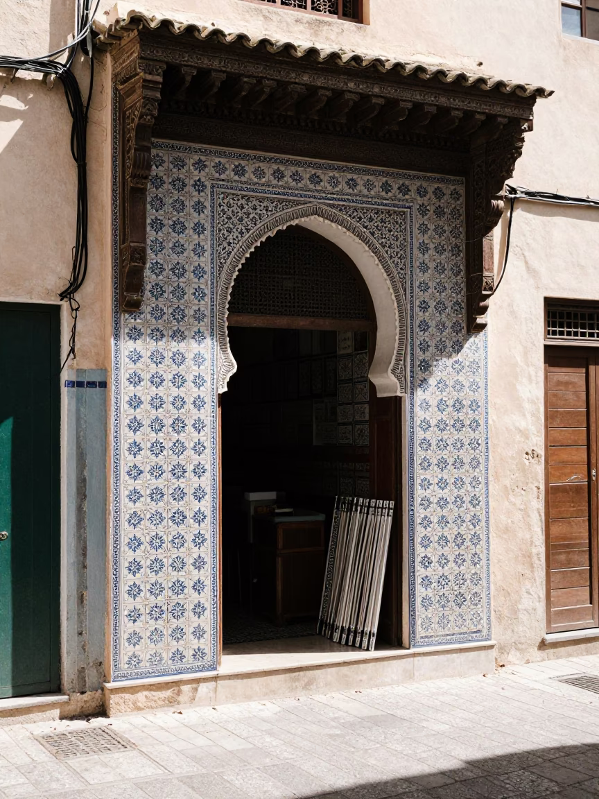 Casablanca Morocco Noon Street Scene with Ceramic Tiles and Folding Chair in in Casablanca, Morocco