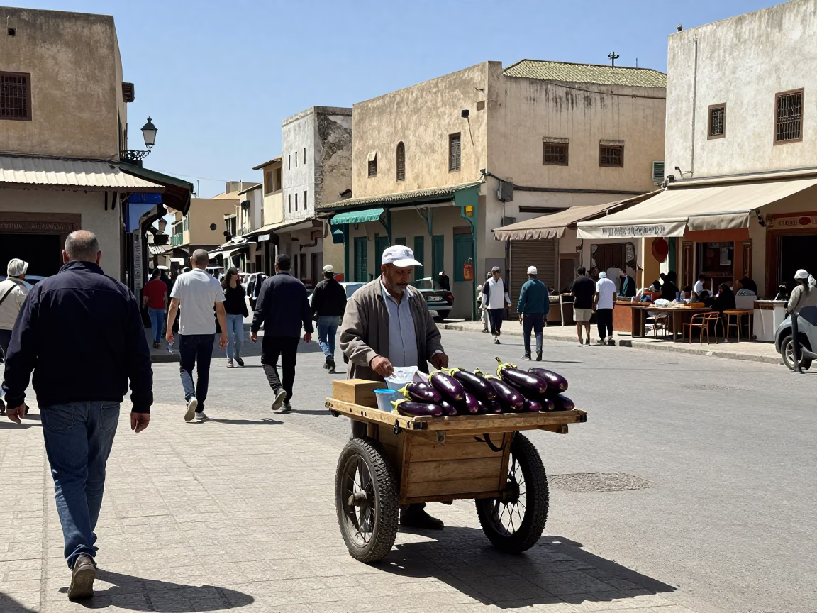 Casablanca Morocco Noon Street Scene with Eggplant Vendor and Pedestrians in in Casablanca, Morocco
