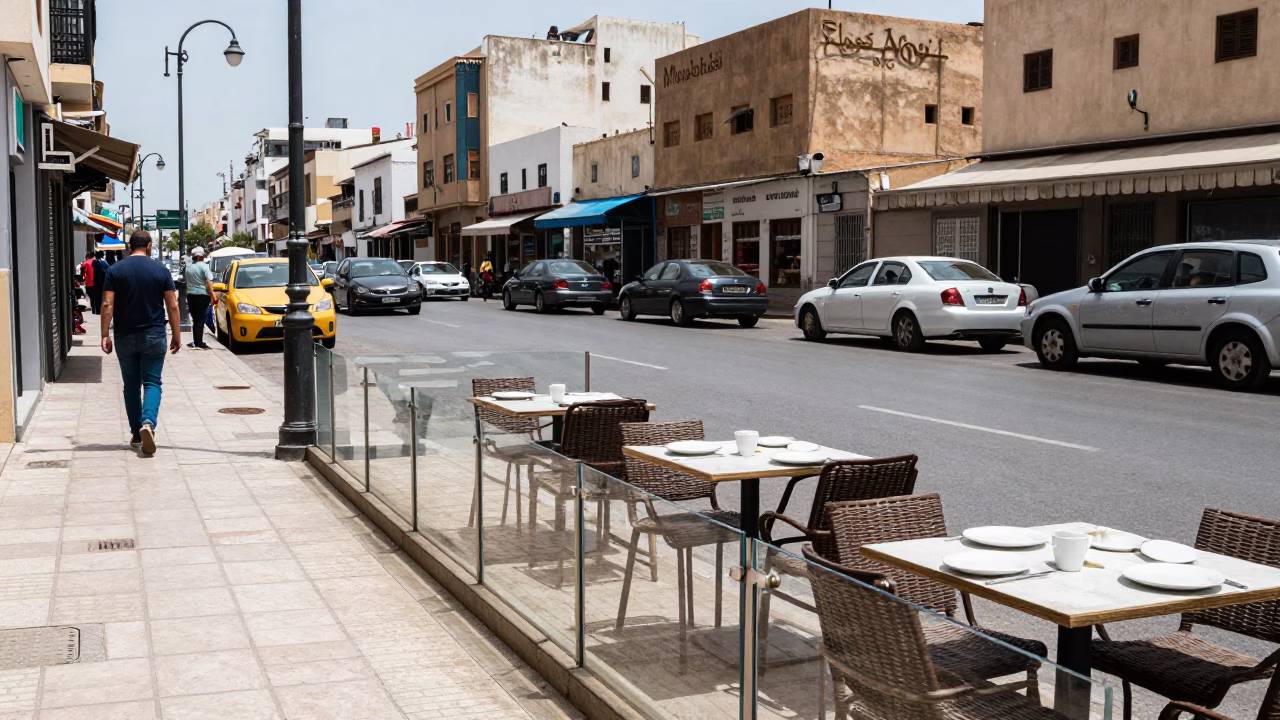 Casablanca Morocco Noon Street Scene with Glass Rail and Plate on Outdoor Cafe Table in in Casablanca, Morocco