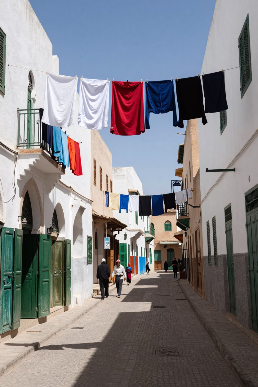 Casablanca Morocco noon street scene with hanging laundry and traditional architecture in in Casablanca, Morocco