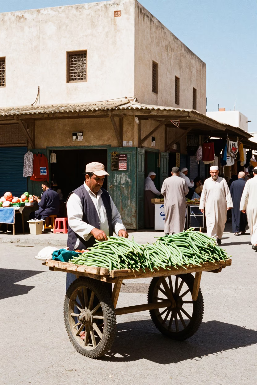 Casablanca Morocco Noon Street Scene with Local Vendor and Traditional Goods in in Casablanca, Morocco