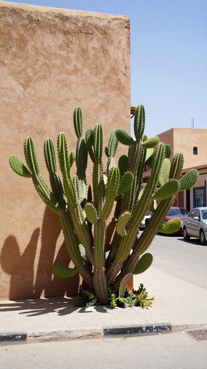 Casablanca Morocco Noon Street Scene with Prickly Pear Cactus and Traditional Architecture in in Casablanca, Morocco