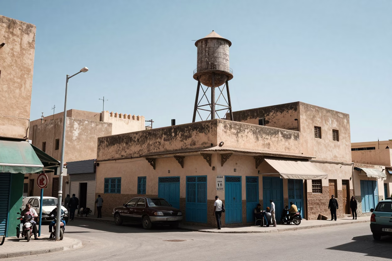 Casablanca Morocco Noon Street Scene with Rooftop Water Tower and Local Market Activity in in Casablanca, Morocco