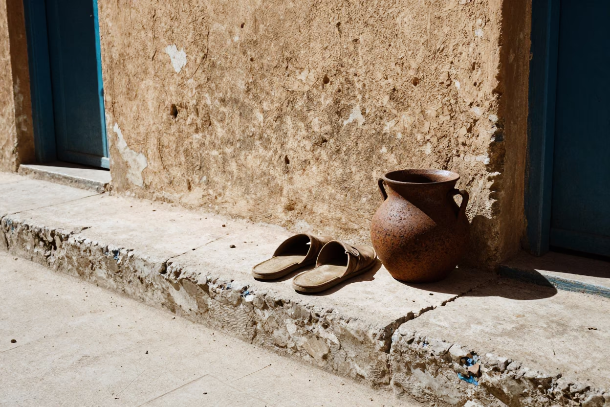 Casablanca Morocco Noon Street Scene with Slippers and Rusty Pot Lid in in Casablanca, Morocco