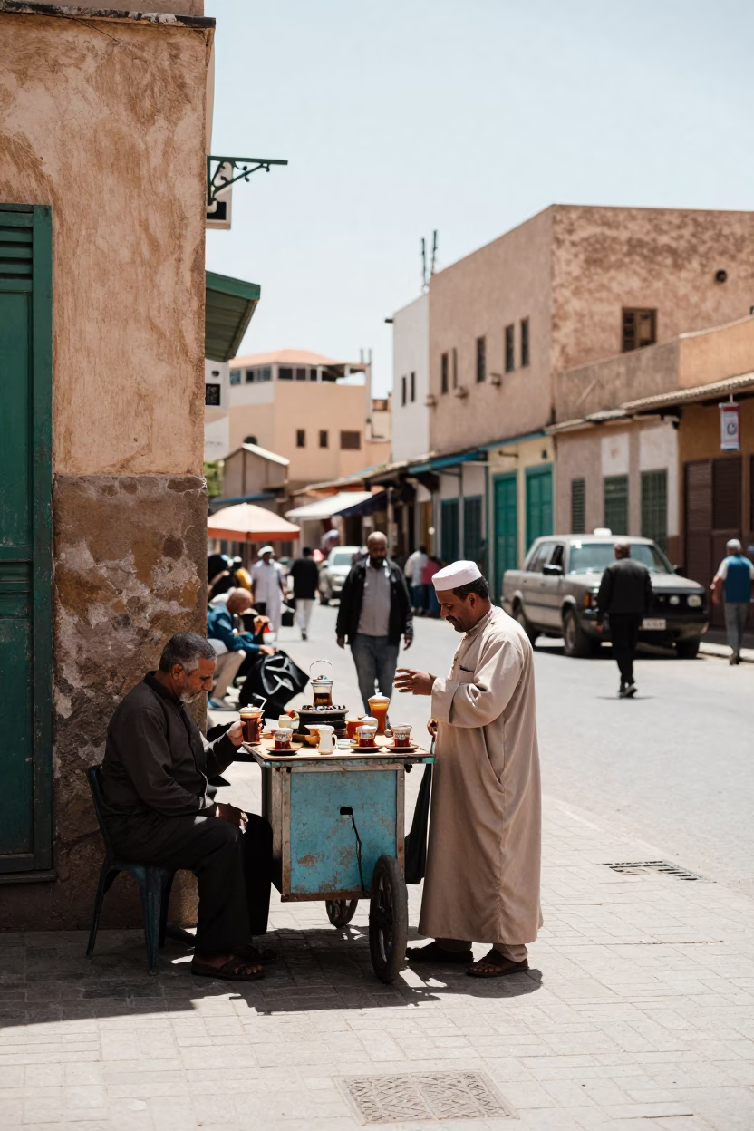 Casablanca Morocco Noon Street Scene with Traditional Tea and Local Life in in Casablanca, Morocco
