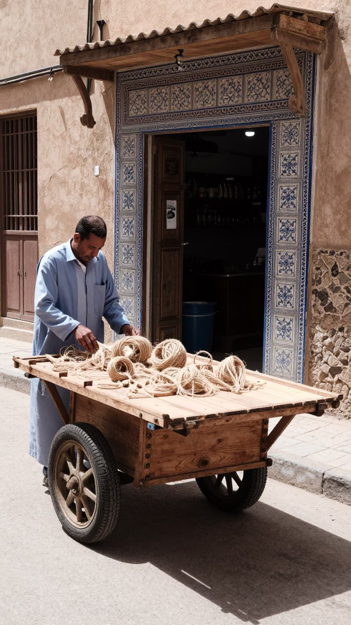Casablanca Morocco Noon Street Scene with Twine Fibers on Wood and Local Commerce in in Casablanca, Morocco