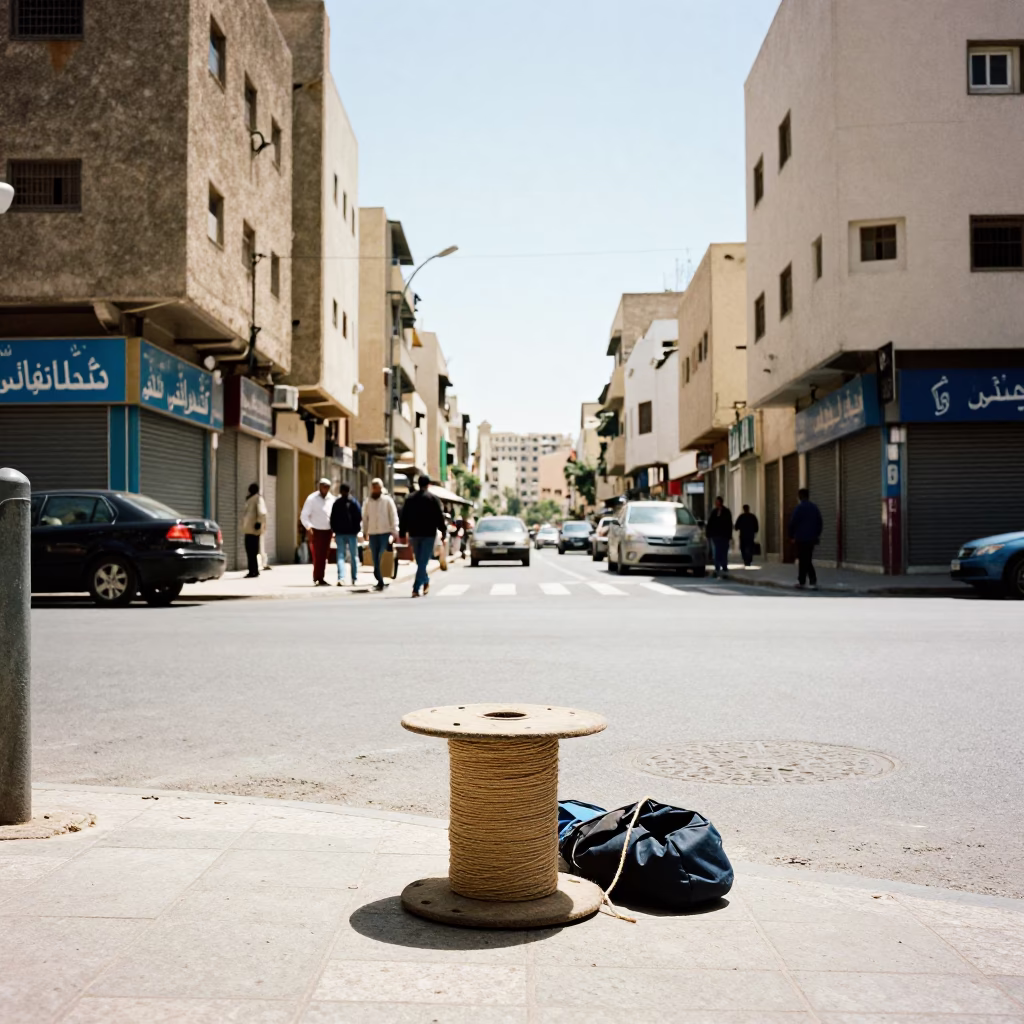 Casablanca Morocco Noon Street Scene with Twine Spool and Urban Infrastructure in in Casablanca, Morocco