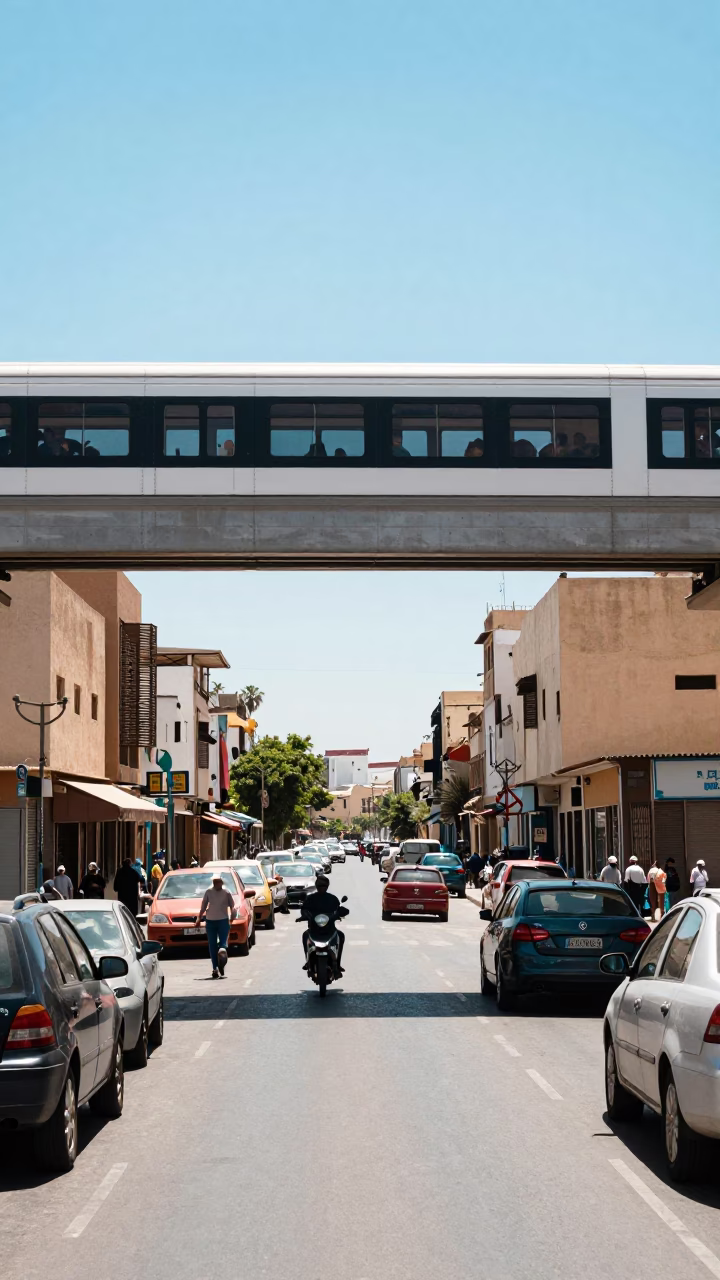 Casablanca Morocco Noon Sunlight Monorail Track Above Busy Street Scene in in Casablanca, Morocco