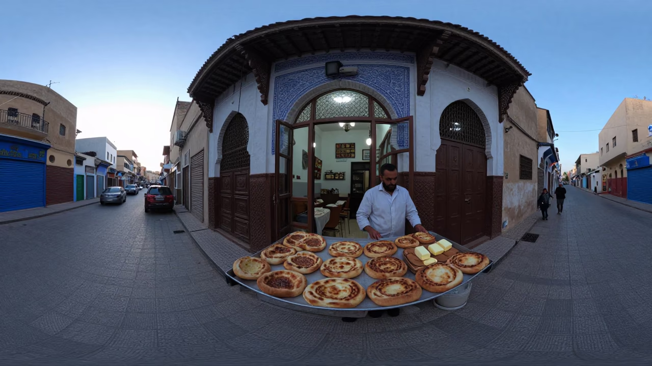 Casablanca Morocco Pre-Dawn Street Scene with Artisan Bread and Butter Knife in in Casablanca, Morocco