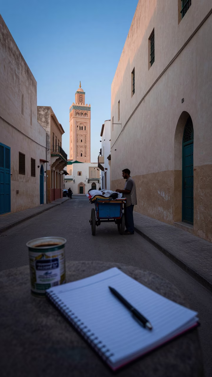 Casablanca Morocco Pre-Dawn Street Scene with Coffee Tin and Notebook in in Casablanca, Morocco