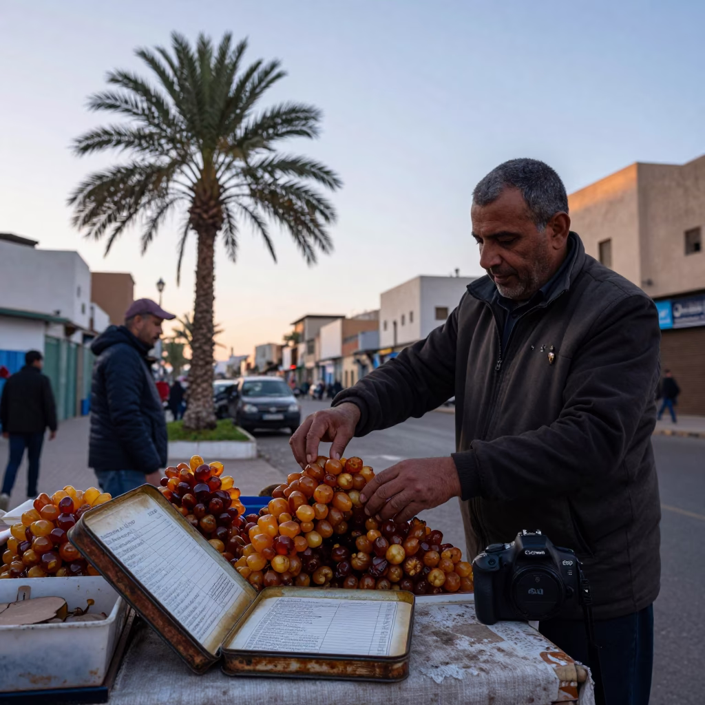 Casablanca Morocco Pre-Dawn Street Scene with Date Palm and Recipe Tin in in Casablanca, Morocco