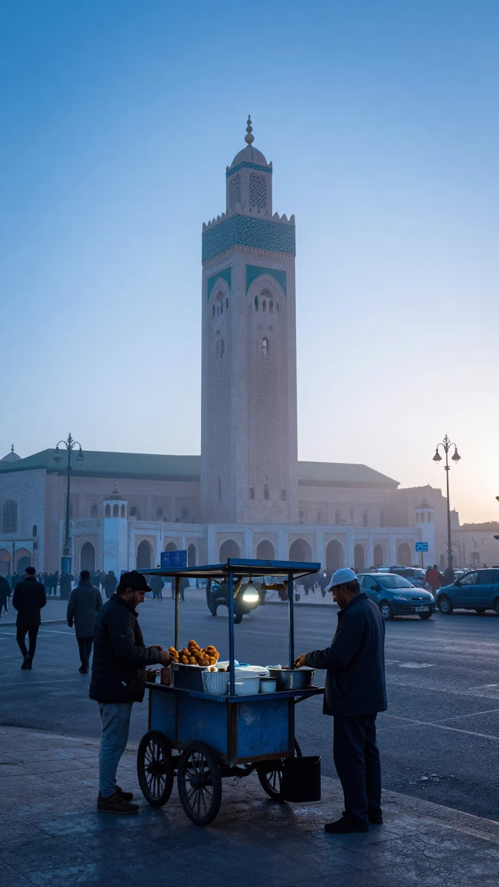 Casablanca Morocco Pre-Dawn Street Scene with Local Vendor and Morning Light in in Casablanca, Morocco