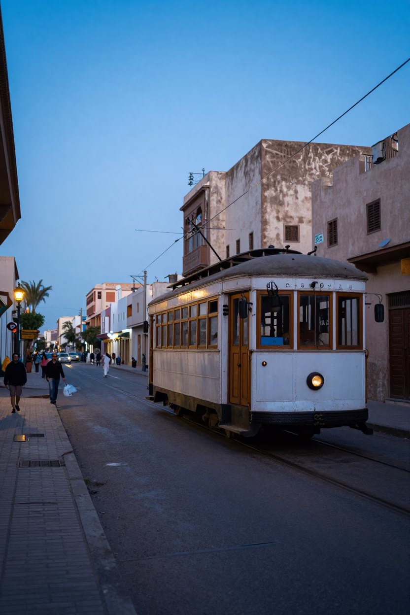 Casablanca Morocco pre-dawn street scene with old trolley and historic architecture in in Casablanca, Morocco