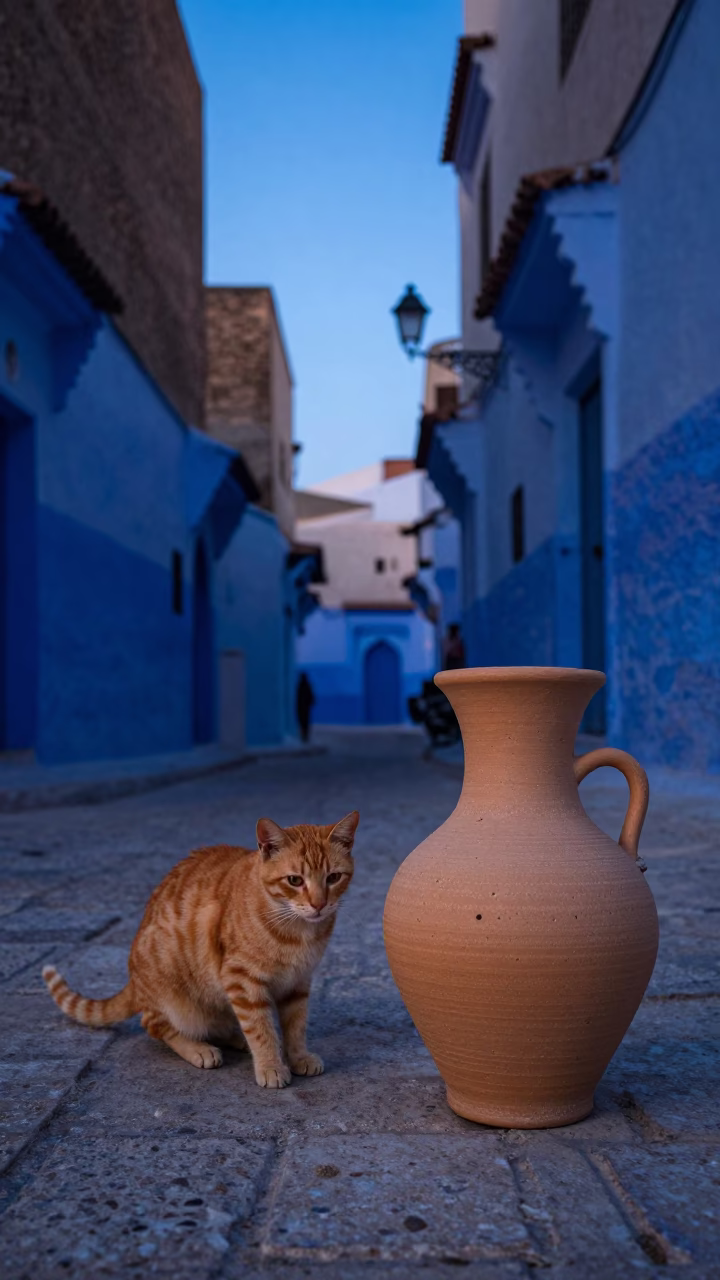 Casablanca Morocco Pre-Dawn Street Scene with Orange Cat and Clay Pots in in Casablanca, Morocco