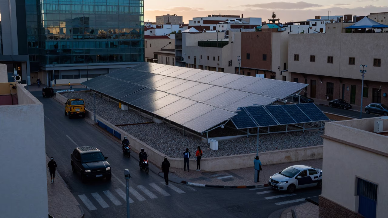 Casablanca Morocco Pre-Dawn Street Scene with Solar Panels and Glass Jar in in Casablanca, Morocco
