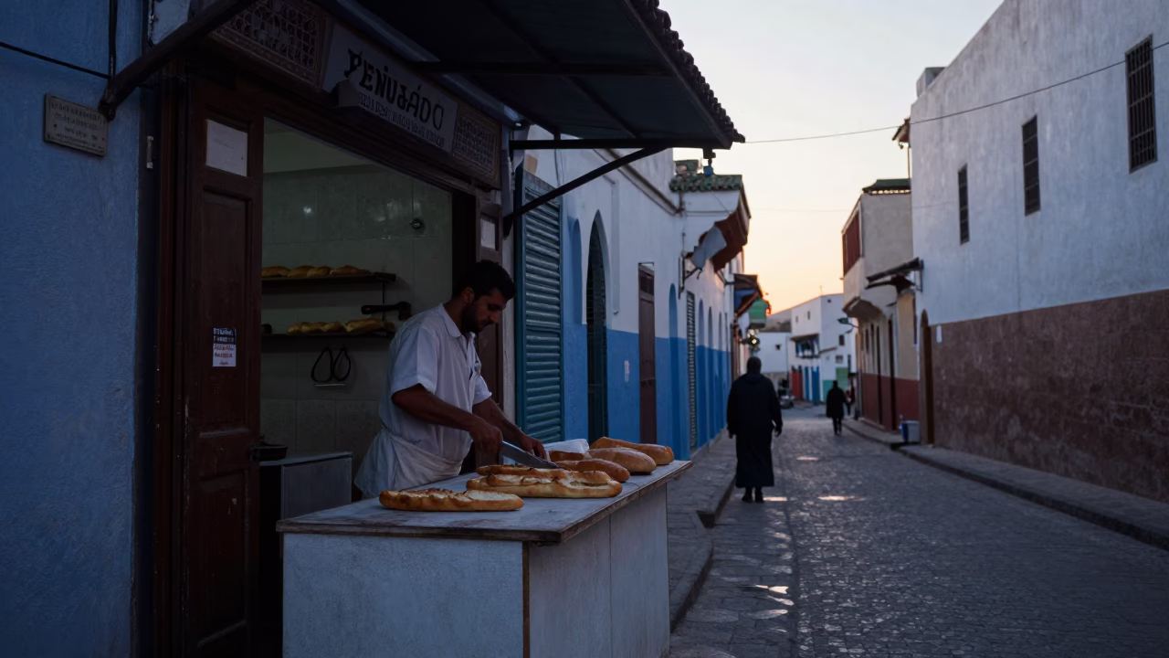 Casablanca Morocco Pre-Dawn Street Scene with Traditional Bread Knife and Clay Pot in in Casablanca, Morocco