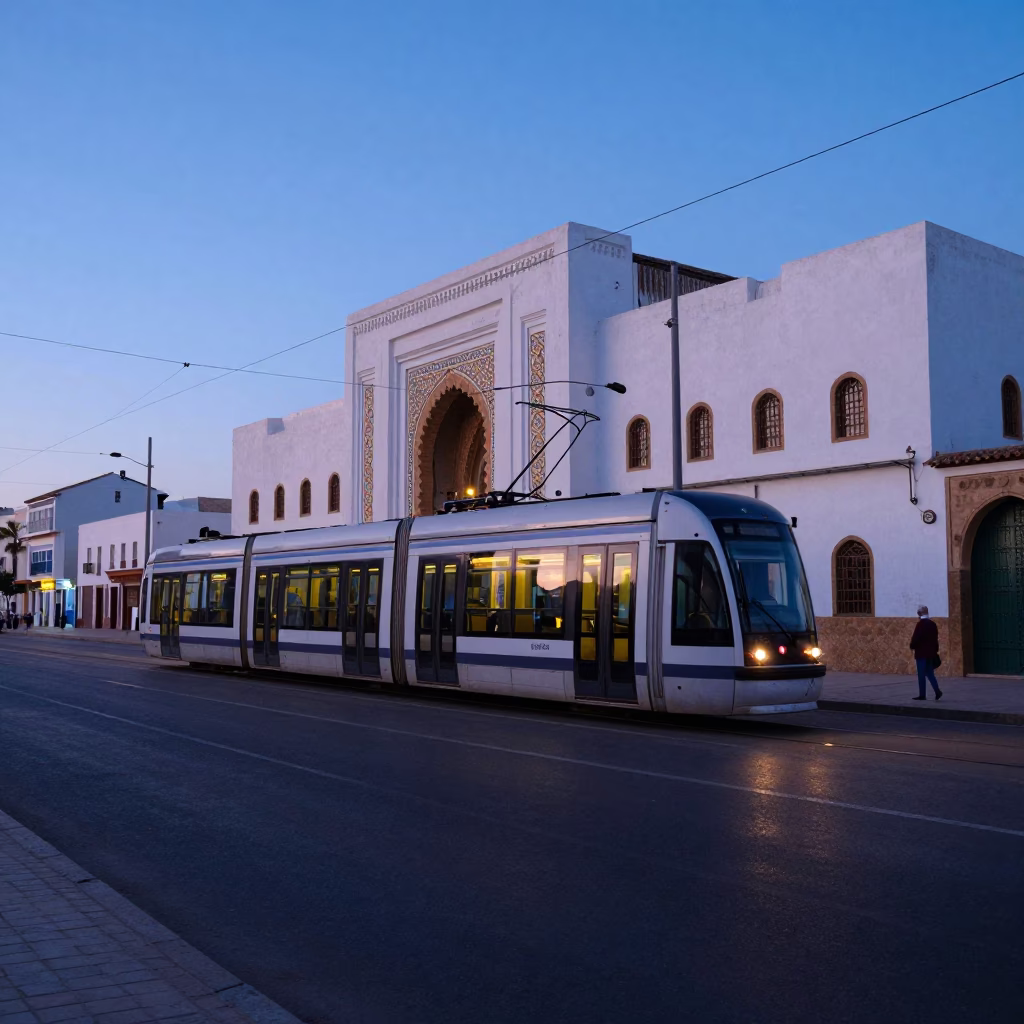 Casablanca Morocco Pre-Dawn Street Scene with Tram and Art Nouveau Architecture in in Casablanca, Morocco