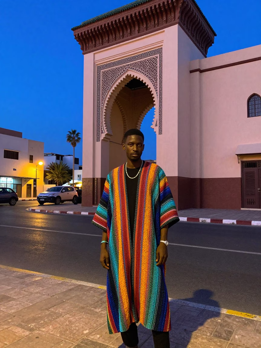 Casablanca Morocco Street Fashion Evening Glow Modernist Architecture and Colorful Textiles in in Casablanca, Morocco