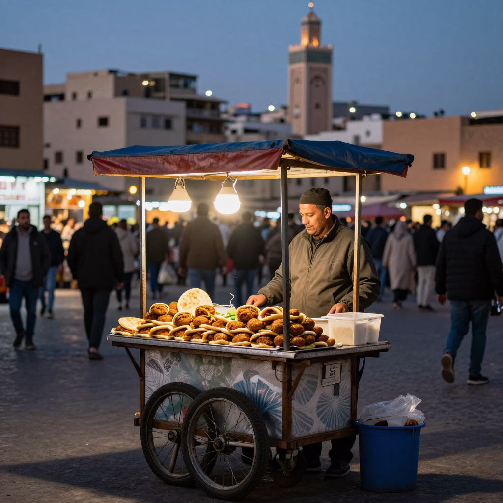 Casablanca Morocco street food vendor selling falafel in pita with tahini at dusk in in Casablanca, Morocco