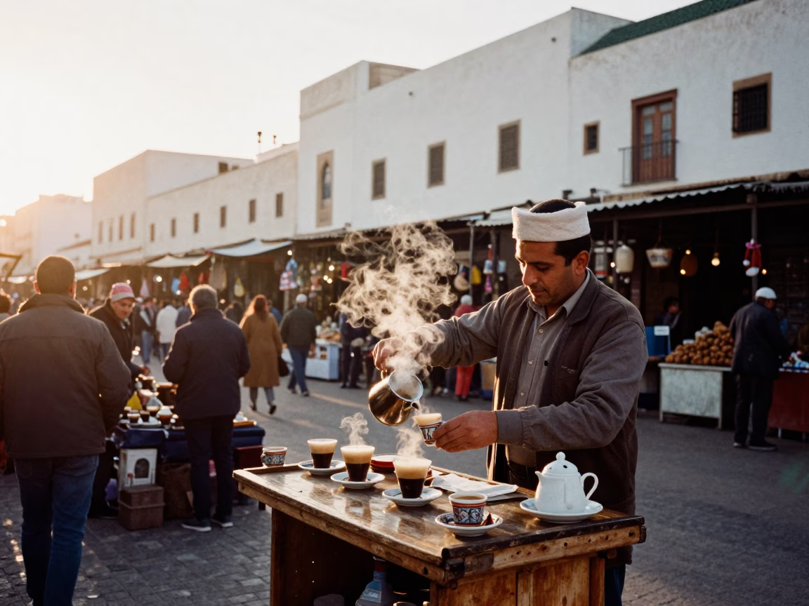 Casablanca Morocco Street Scene After Sunrise with Coffee and Urban Details in in Casablanca, Morocco