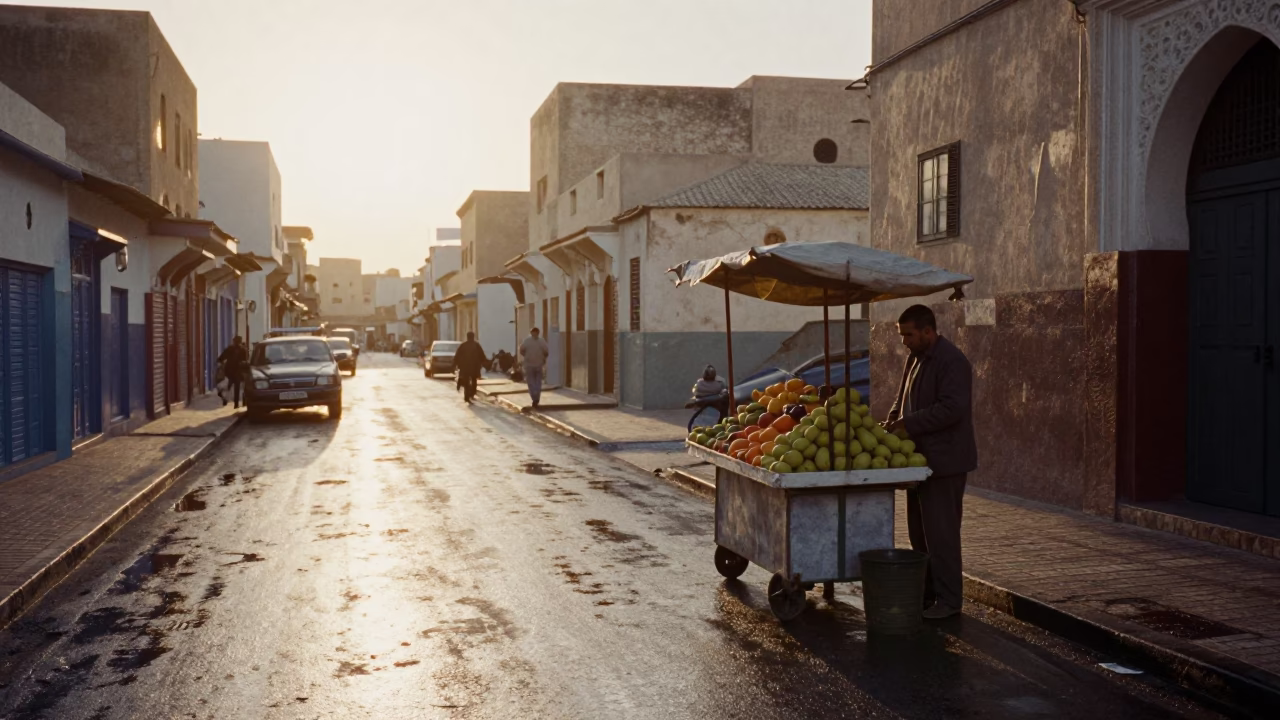 Casablanca Morocco Street Scene After Sunrise With Fruit Vendor And Folding Chair in in Casablanca, Morocco
