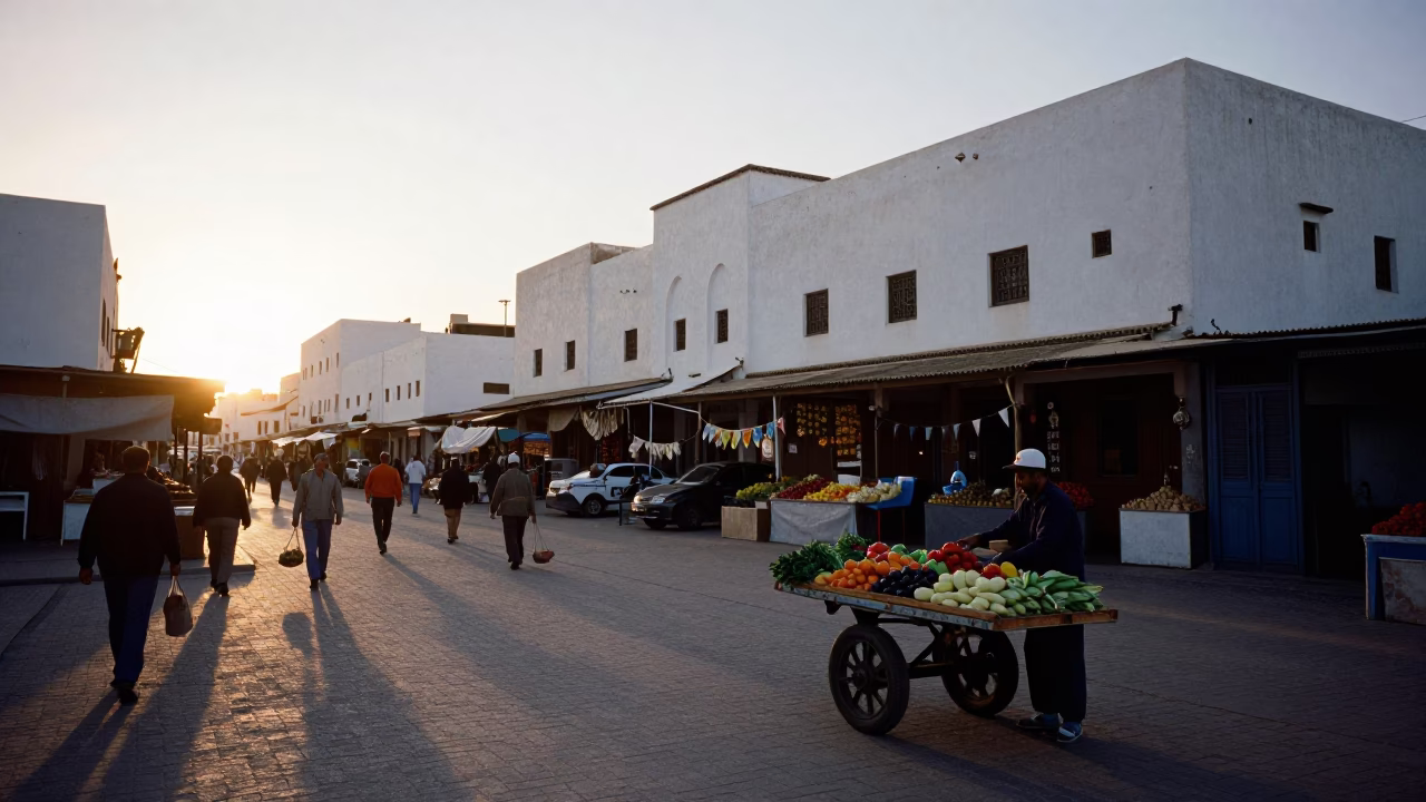 Casablanca Morocco Street Scene After Sunrise With Local Market Activity in in Casablanca, Morocco