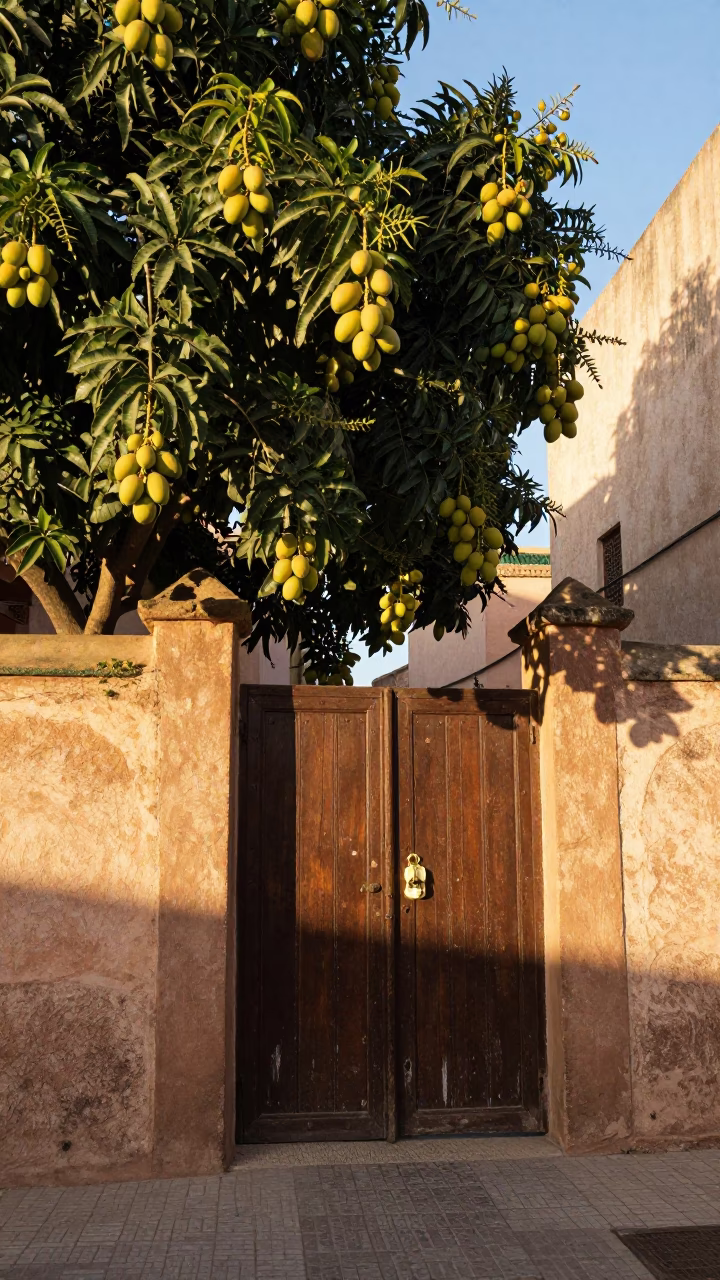 Casablanca Morocco street scene after sunrise with mango tree and door latch in in Casablanca, Morocco