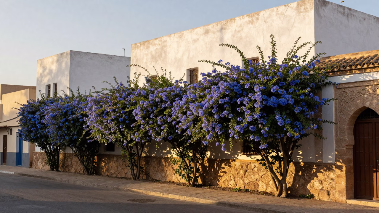 Casablanca Morocco street scene after sunrise with plumbago hedge and iron hook in in Casablanca, Morocco