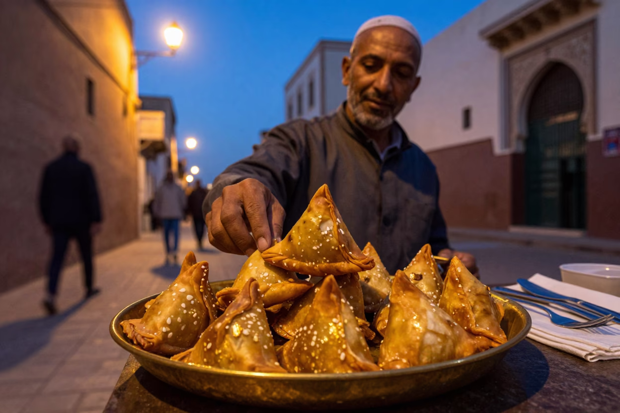 Casablanca Morocco street scene at blue hour with brass samosa plate and cutlery in in Casablanca, Morocco