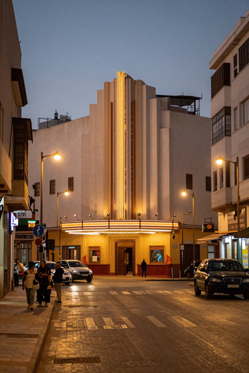 Casablanca Morocco Street Scene at Dusk with Art Deco Cinema and Tamarind Tree in in Casablanca, Morocco