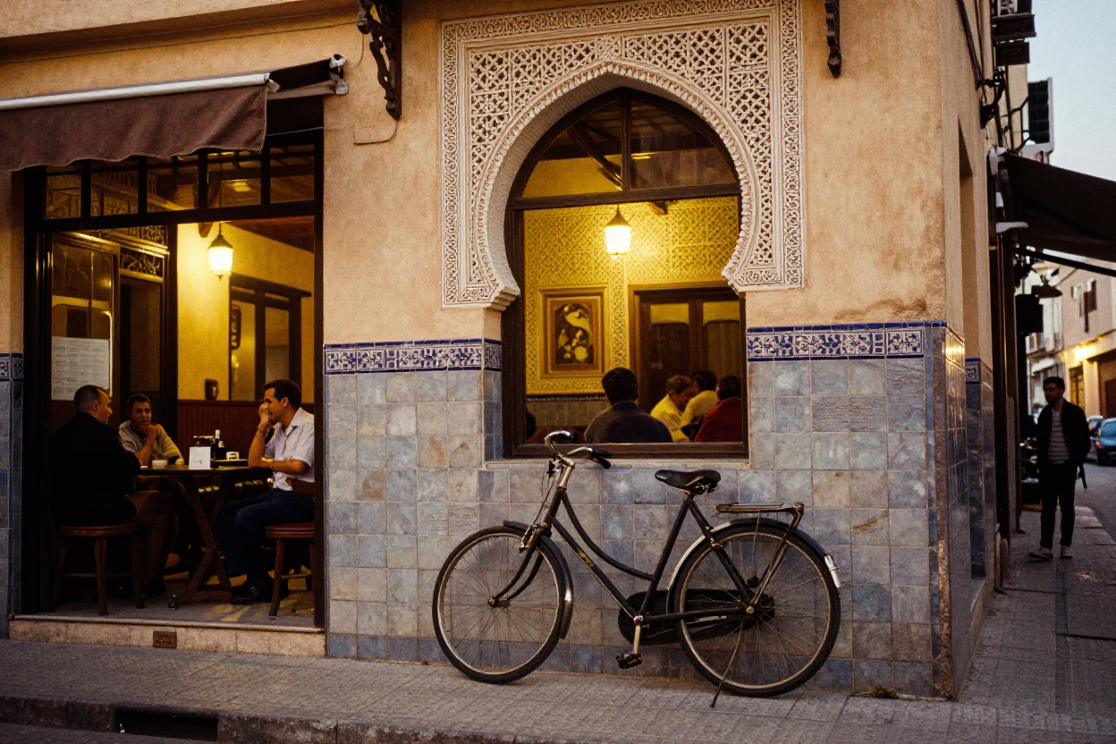 Casablanca Morocco street scene at dusk with bicycle leaning against cafe and striped fabric in in Casablanca, Morocco