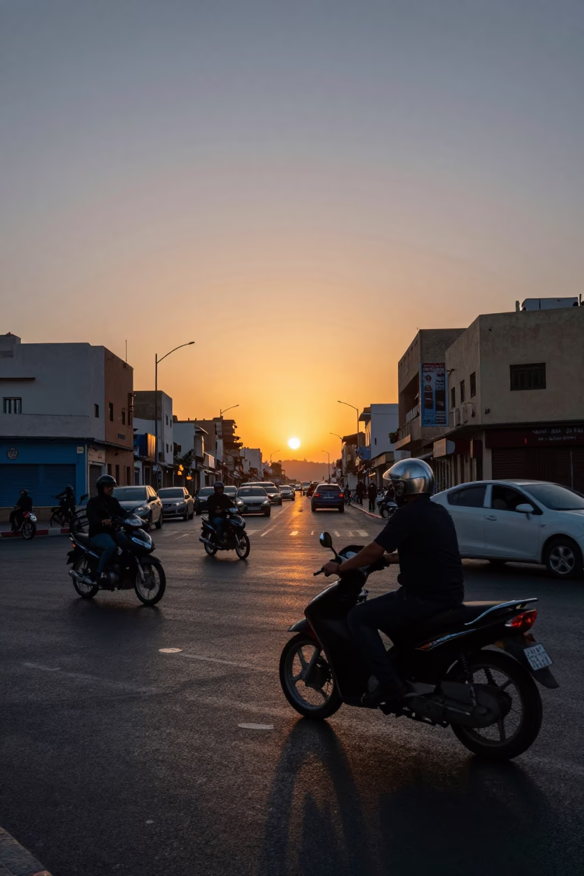Casablanca Morocco street scene at dusk with brushed steel rim and cooler jug in in Casablanca, Morocco