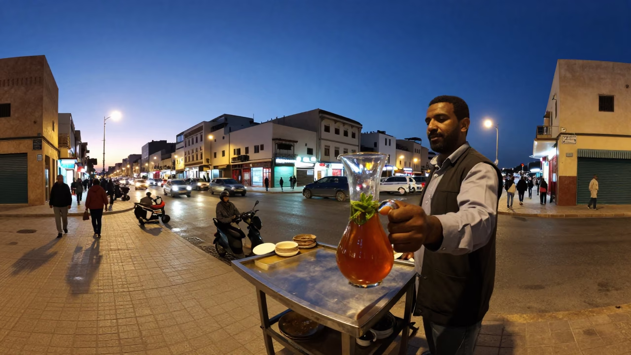 Casablanca Morocco Street Scene at Dusk with Carafe and City Lights in in Casablanca, Morocco