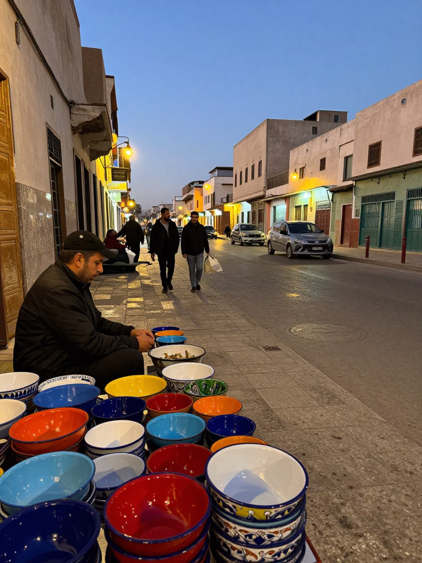 Casablanca Morocco Street Scene at Dusk with Colorful Enamel Bowls and Traditional Market Activity in in Casablanca, Morocco