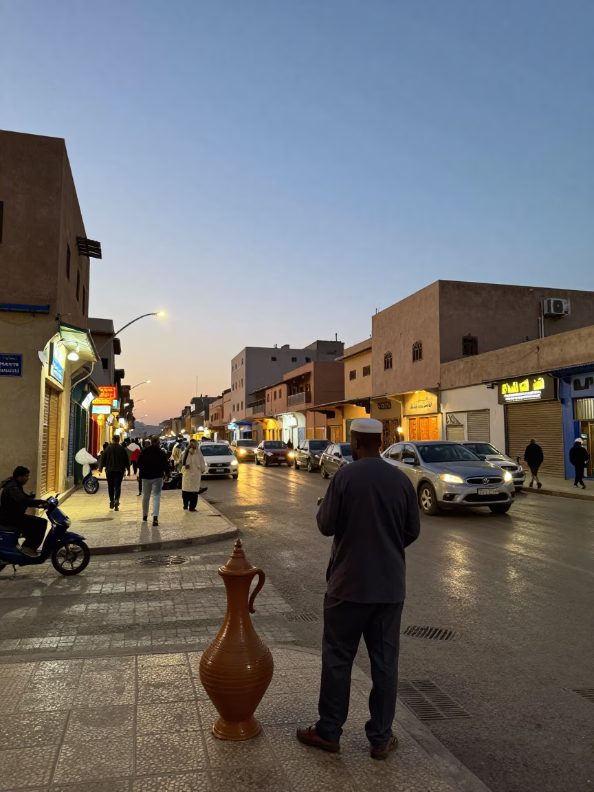 Casablanca Morocco Street Scene at Dusk with Traditional Carafe and Wool Scarves in in Casablanca, Morocco