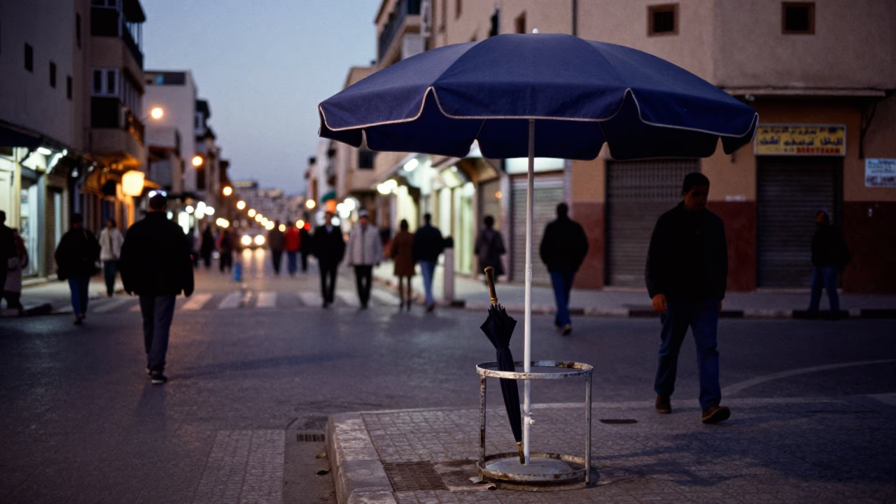 Casablanca Morocco Street Scene at Dusk with Umbrella Stand and City Lights in in Casablanca, Morocco