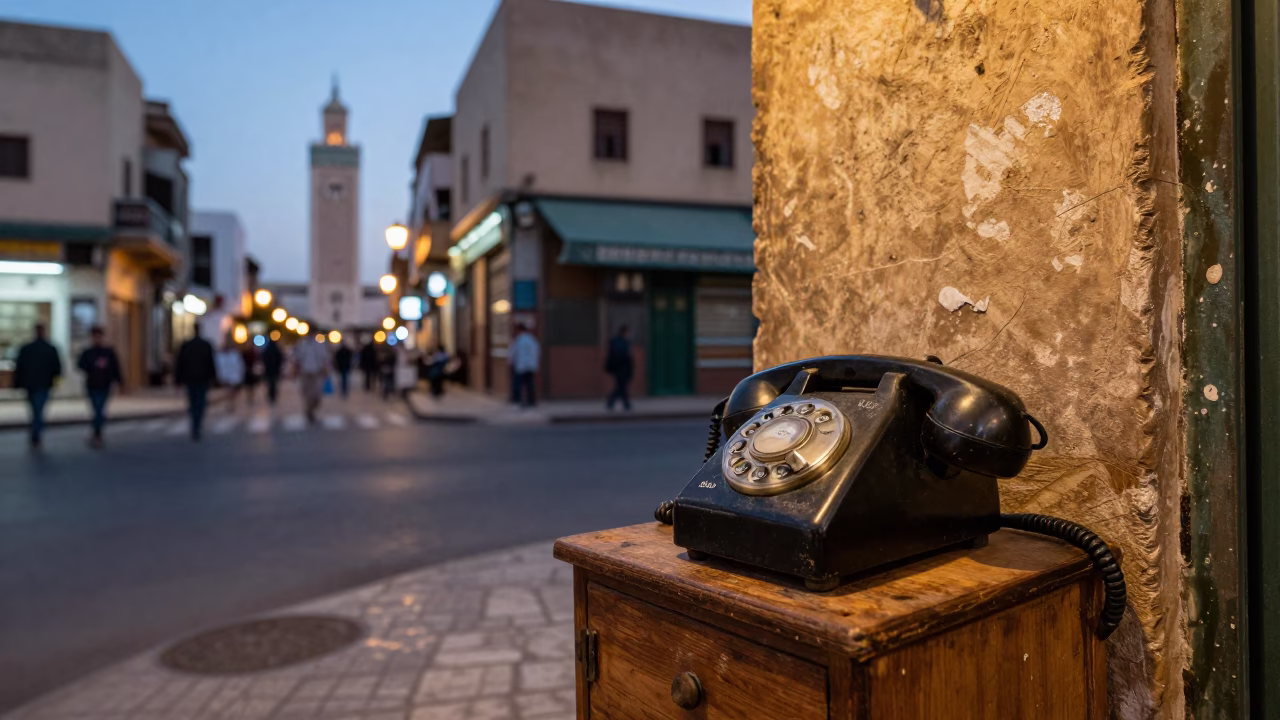 Casablanca Morocco Street Scene at Dusk with Vintage Bakelite Telephone and Local Interaction in in Casablanca, Morocco