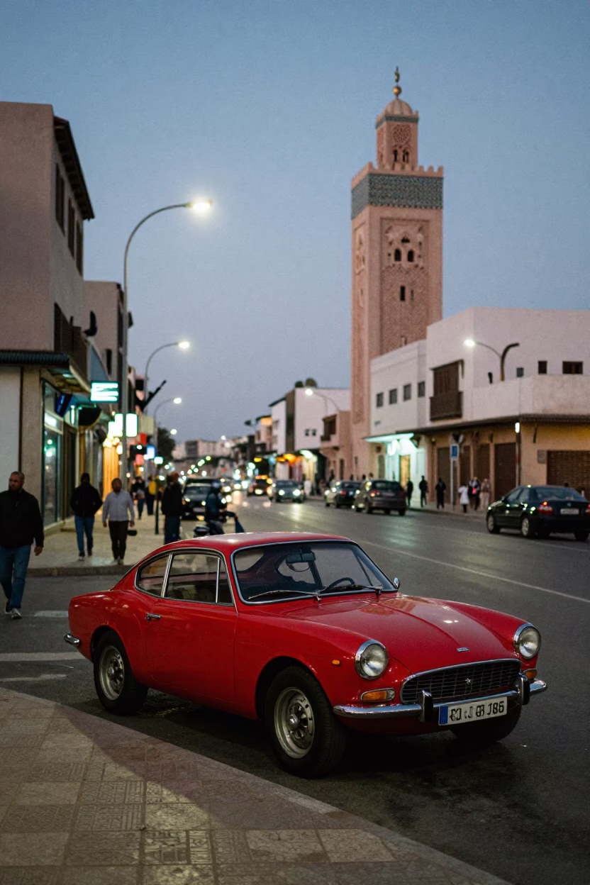 Casablanca Morocco Street Scene at Dusk with Vintage Red Car and Local Life in in Casablanca, Morocco