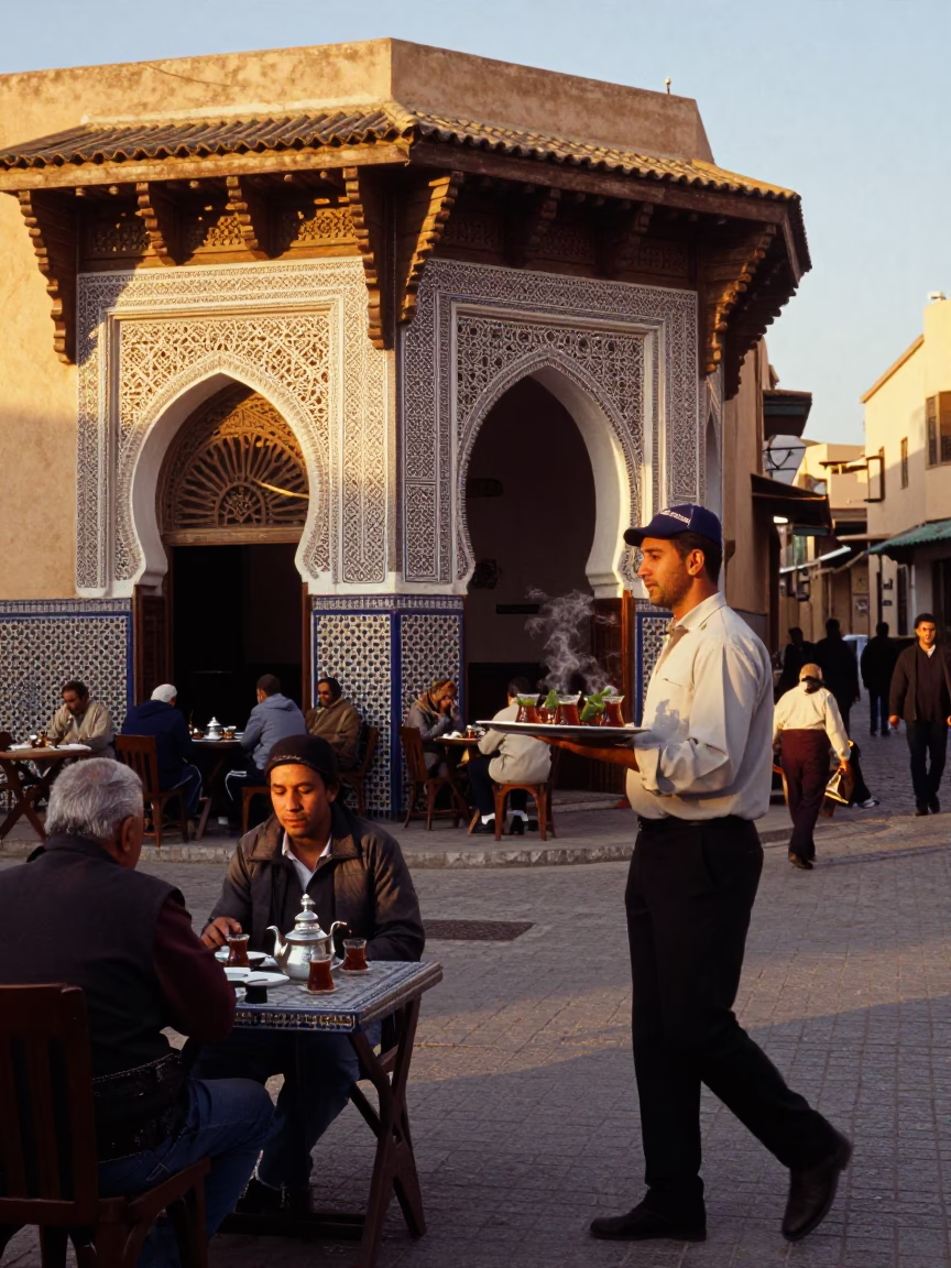 Casablanca Morocco Street Scene at Golden Hour with Traditional Tea Service and Local Life in in Casablanca, Morocco