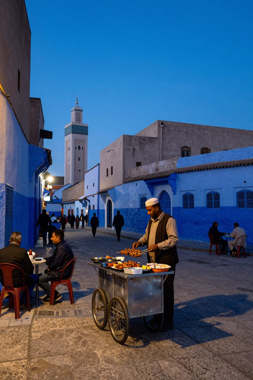 Casablanca Morocco Street Scene at Indigo Twilight with Kebab and Ayran in in Casablanca, Morocco