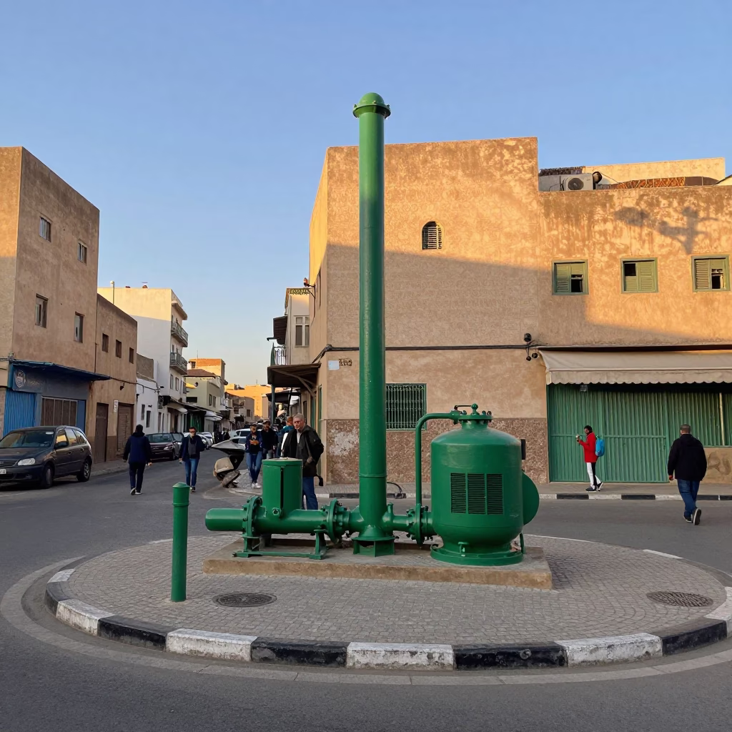 Casablanca Morocco Street Scene at Sunrise with Green Pumping Station and Local Life in in Casablanca, Morocco